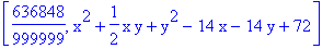 [636848/999999, x^2+1/2*x*y+y^2-14*x-14*y+72]